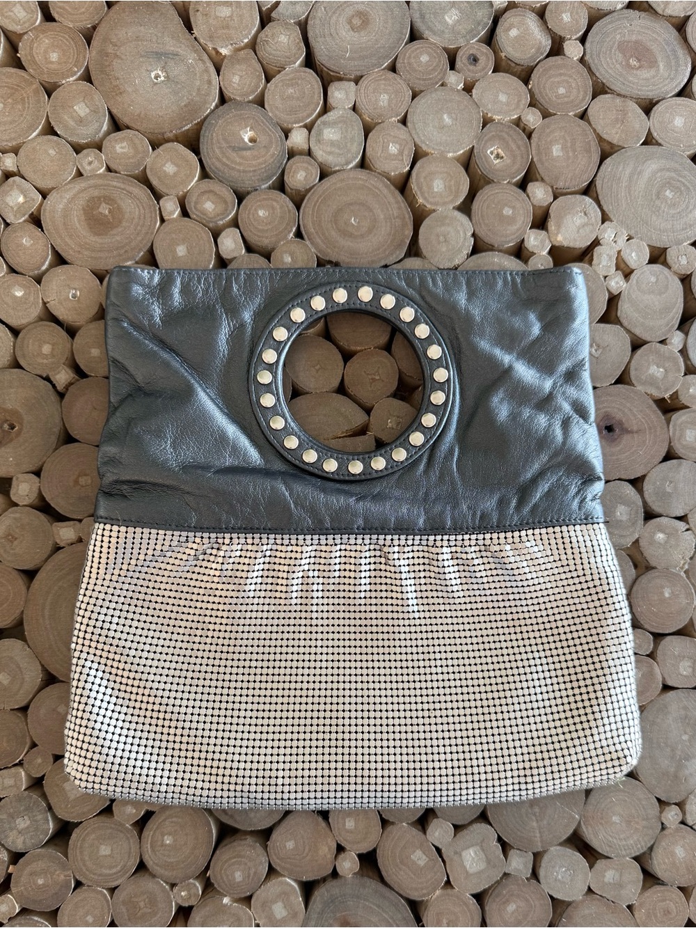Whiting & Davis Gray Silver Metal Studs Mesh Purse Bag Clutch Vintage 80s 90s